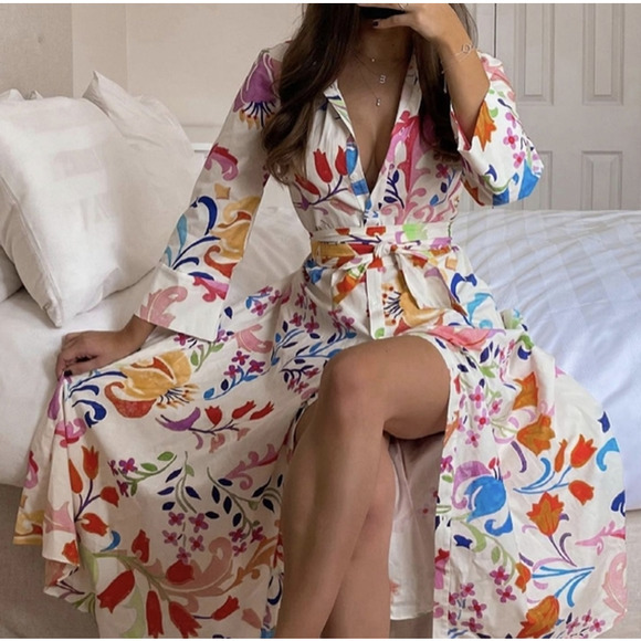 Zara Dresses & Skirts - ZARA Floral Printed Midi Dress 3/4 Sleeve Belted Maxi Sundress, White